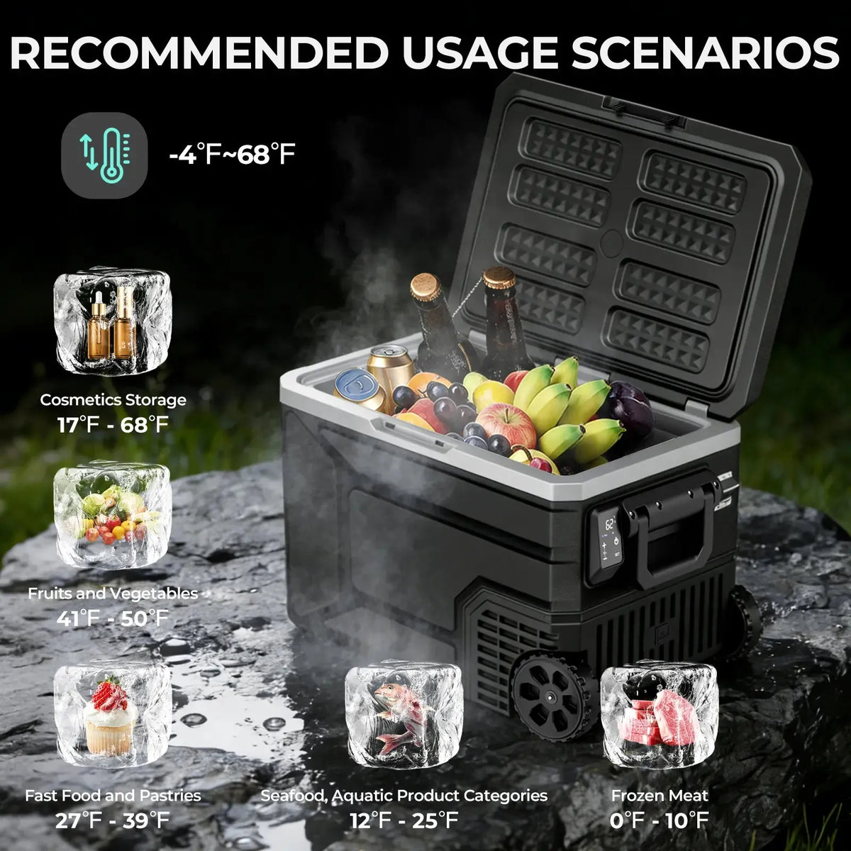 ❄️42/53/68QT Portable Refrigerator Freezer, 12V/24V DC Dual Voltage & Dual Power Supply, -4°F to 68°F Adjustable Temp, Digital Display