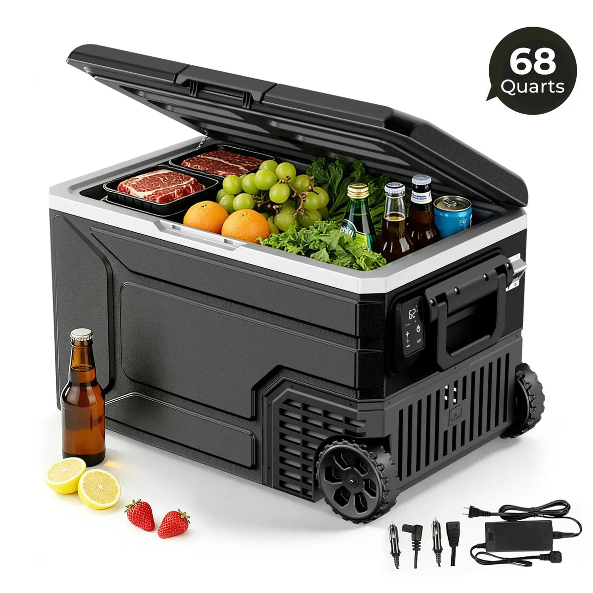 ❄️42/53/68QT Portable Refrigerator Freezer, 12V/24V DC Dual Voltage & Dual Power Supply, -4°F to 68°F Adjustable Temp, Digital Display
