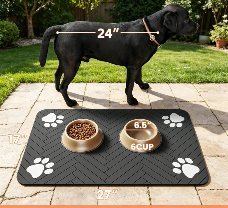 Pet Feeding Mat-Absorbent Pet Placemat for Food and Water Bowl, with Waterproof Rubber Backing