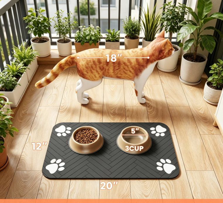 Pet Feeding Mat-Absorbent Pet Placemat for Food and Water Bowl, with Waterproof Rubber Backing