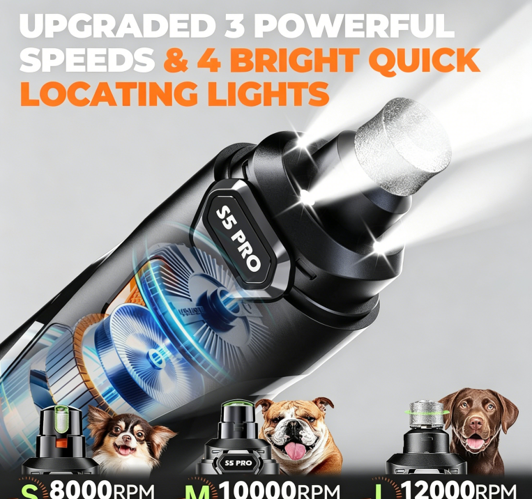 Whisper Quiet Dog Nail Grinder with 4 LED Lights, Safe & Stress-Free for Sensitive Dogs Cats of All Breeds & Sizes
