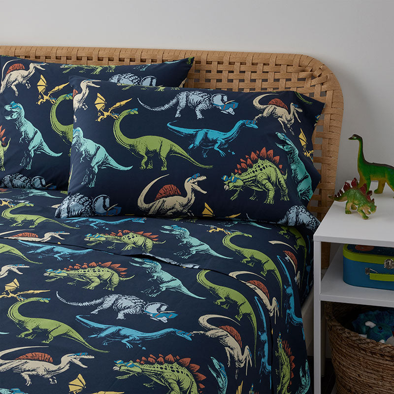 Dino Stomp Classic Cool Organic Cotton Percale Bed Sheet Set