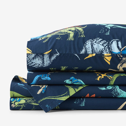 Dino Stomp Classic Cool Organic Cotton Percale Bed Sheet Set
