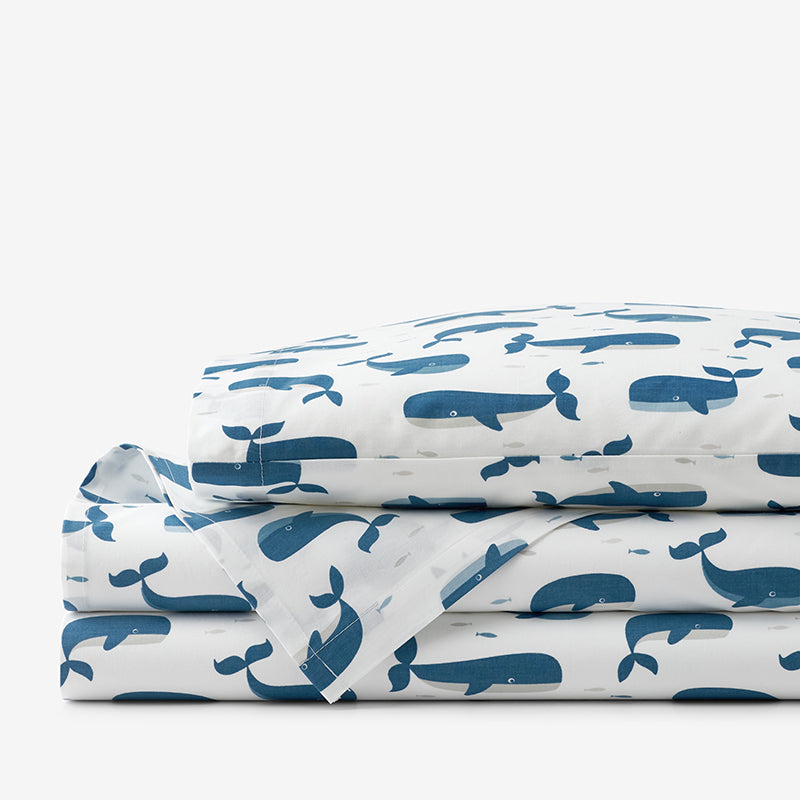 Whale School Classic Cool Organic Cotton Percale Toddler Bed Sheet Set
