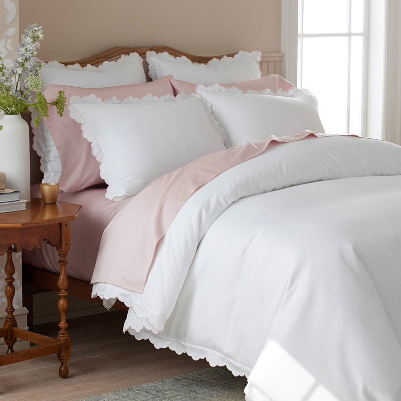 Embroidered Scallop Classic Smooth Sateen Solid Bed Sheet Set