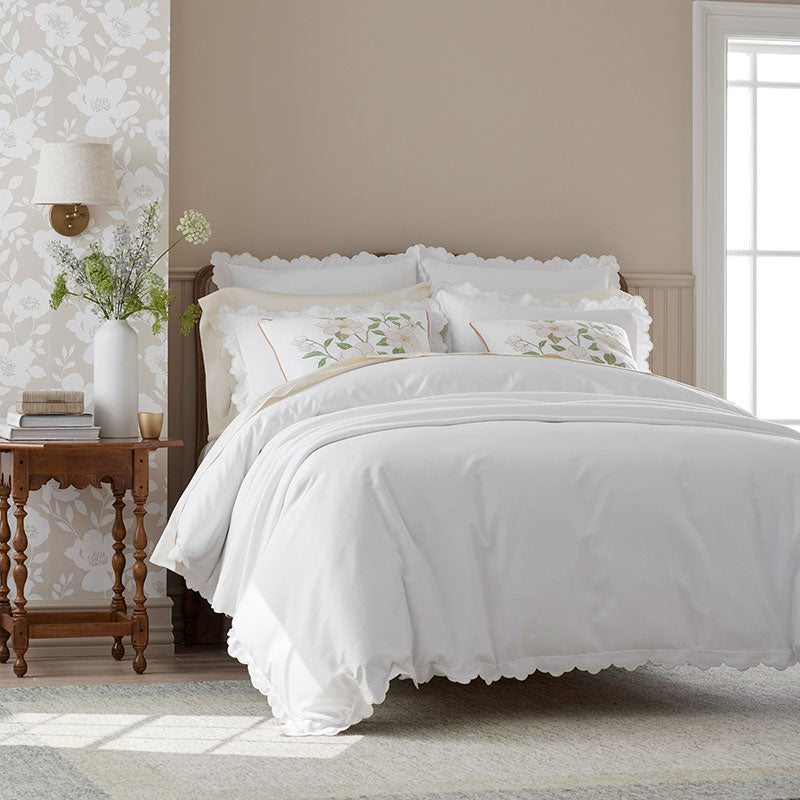 Embroidered Scallop Classic Smooth Sateen Solid Duvet Cover