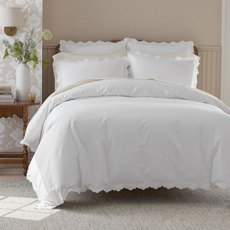 Embroidered Scallop Classic Smooth Sateen Solid Duvet Cover