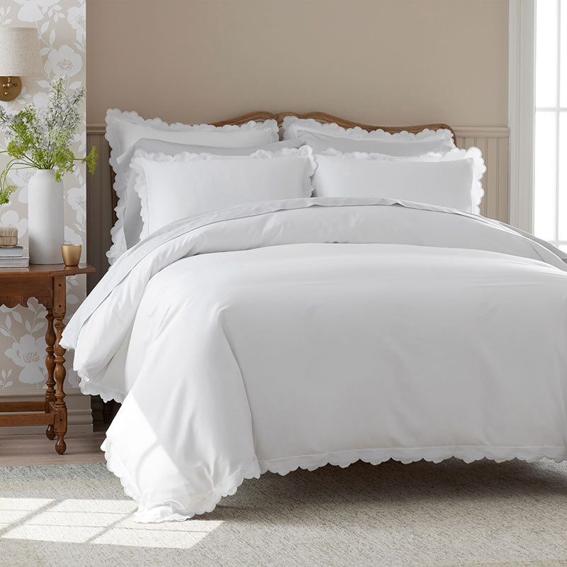 Embroidered Scallop Classic Smooth Sateen Solid Bed Sheet Set