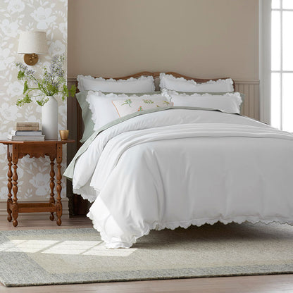 Embroidered Scallop Classic Smooth Sateen Solid Duvet Cover