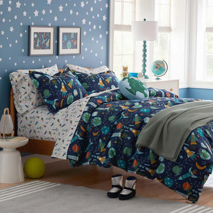 Planets and Rockets Classic Cool Organic Cotton Percale Bed Sheet Set