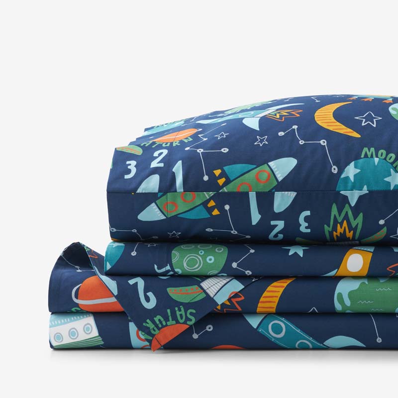 Planets and Rockets Classic Cool Organic Cotton Percale Bed Sheet Set