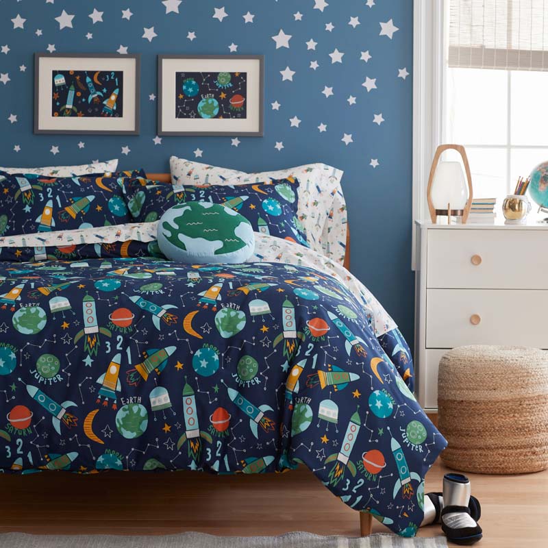 Planets and Rockets Classic Cool Organic Cotton Percale Duvet Cover Set