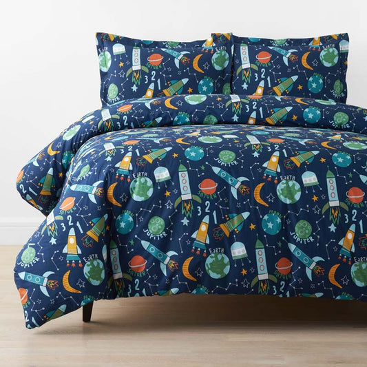 Planets and Rockets Classic Cool Organic Cotton Percale Duvet Cover Set
