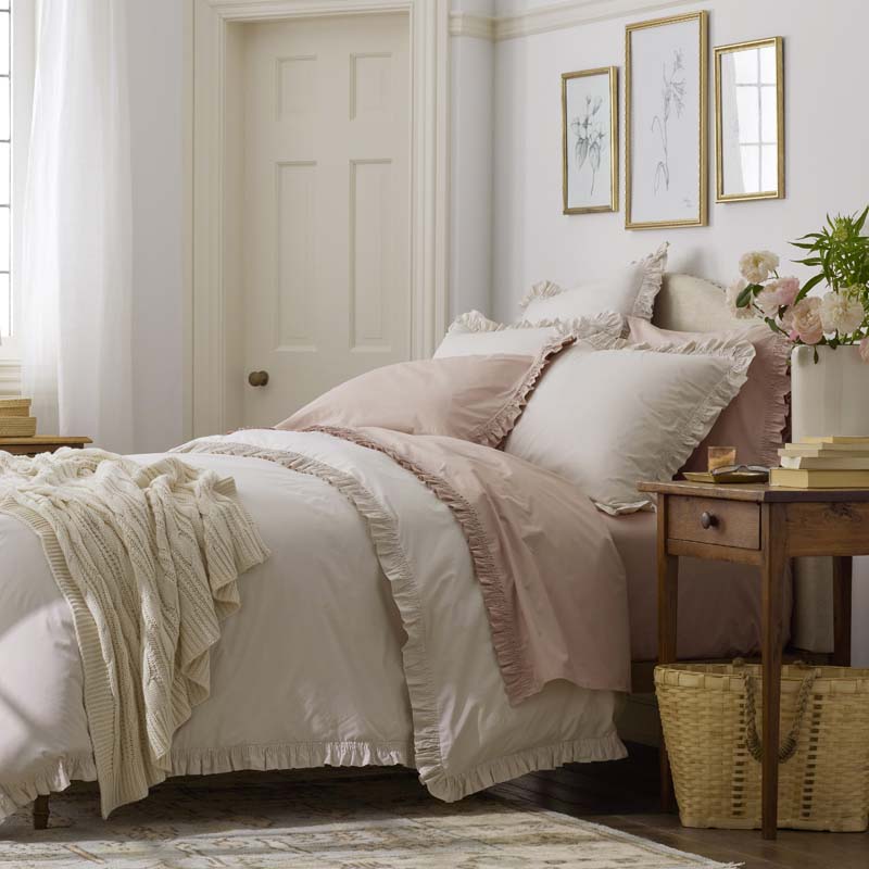 Solid Ruffle Garment Washed Cotton Percale Bed Sheet Set