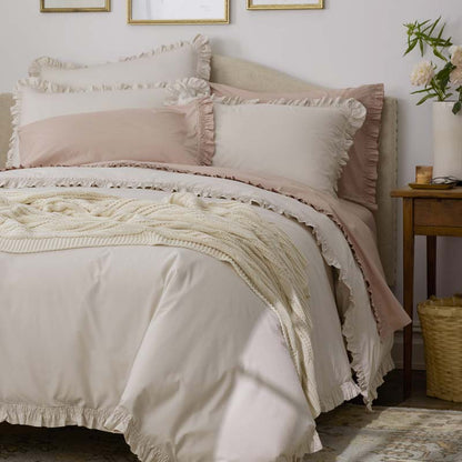 Solid Ruffle Garment Washed Cotton Percale Pillowcase Set