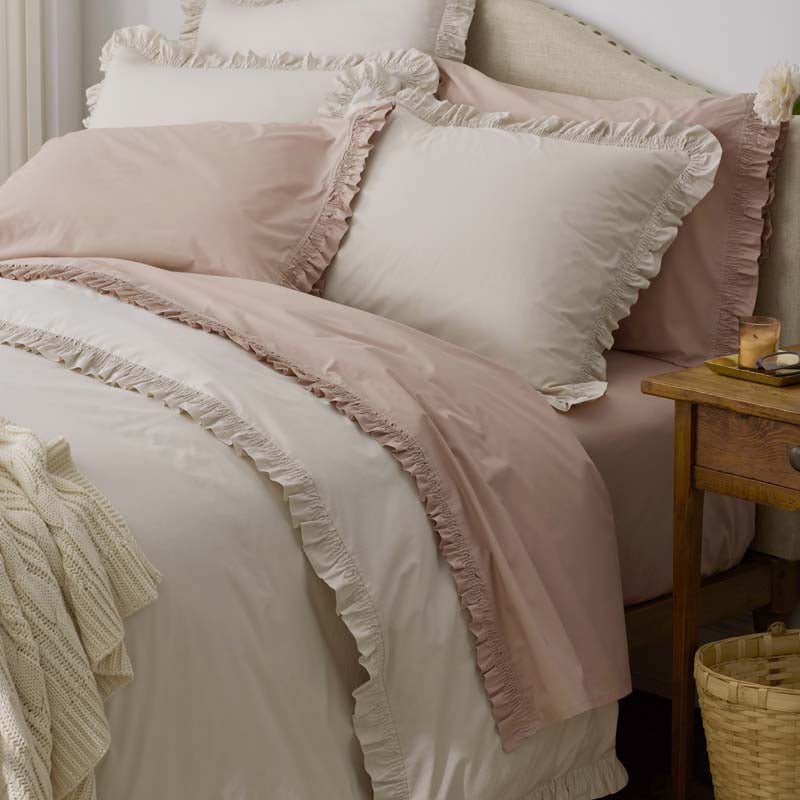 Solid Ruffle Garment Washed Cotton Percale Bed Sheet Set
