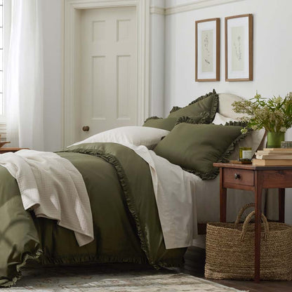 Solid Ruffle Garment Washed Cotton Percale Bed Sheet Set