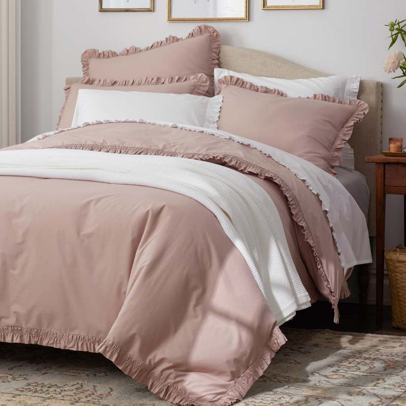 Solid Ruffle Garment Washed Cotton Percale Bed Sheet Set