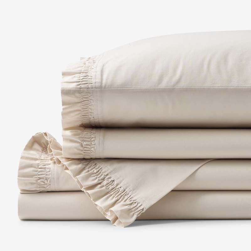 Solid Ruffle Garment Washed Cotton Percale Bed Sheet Set