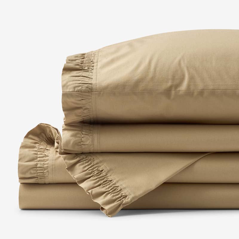 Solid Ruffle Garment Washed Cotton Percale Bed Sheet Set