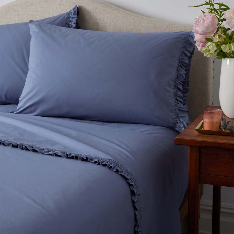 Solid Ruffle Garment Washed Cotton Percale Bed Sheet Set