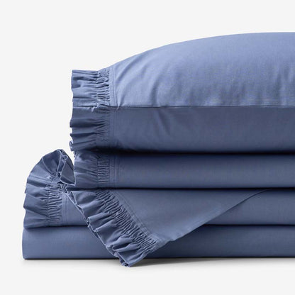 Solid Ruffle Garment Washed Cotton Percale Bed Sheet Set