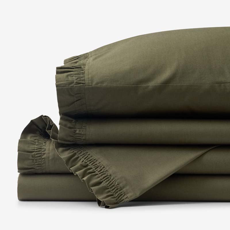 Solid Ruffle Garment Washed Cotton Percale Bed Sheet Set