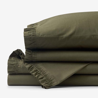 Solid Ruffle Garment Washed Cotton Percale Bed Sheet Set