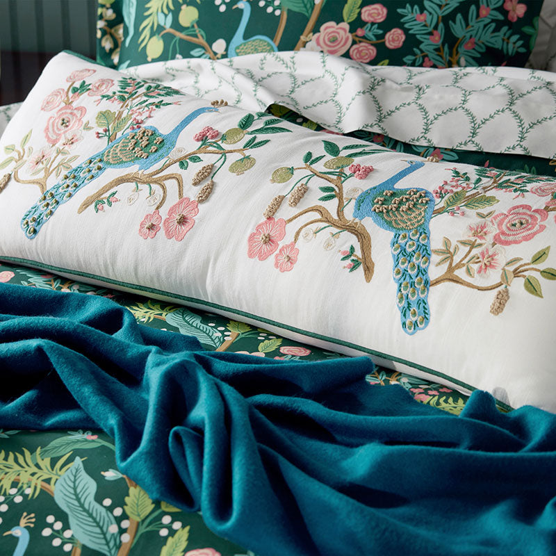 Peacock Embroidered Decorative Lumbar Pillow Cover