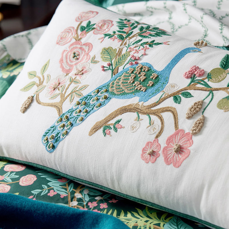 Peacock Embroidered Decorative Lumbar Pillow Cover