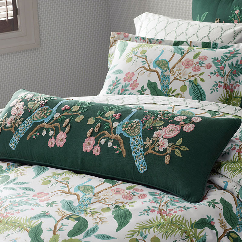 Peacock Embroidered Decorative Lumbar Pillow Cover