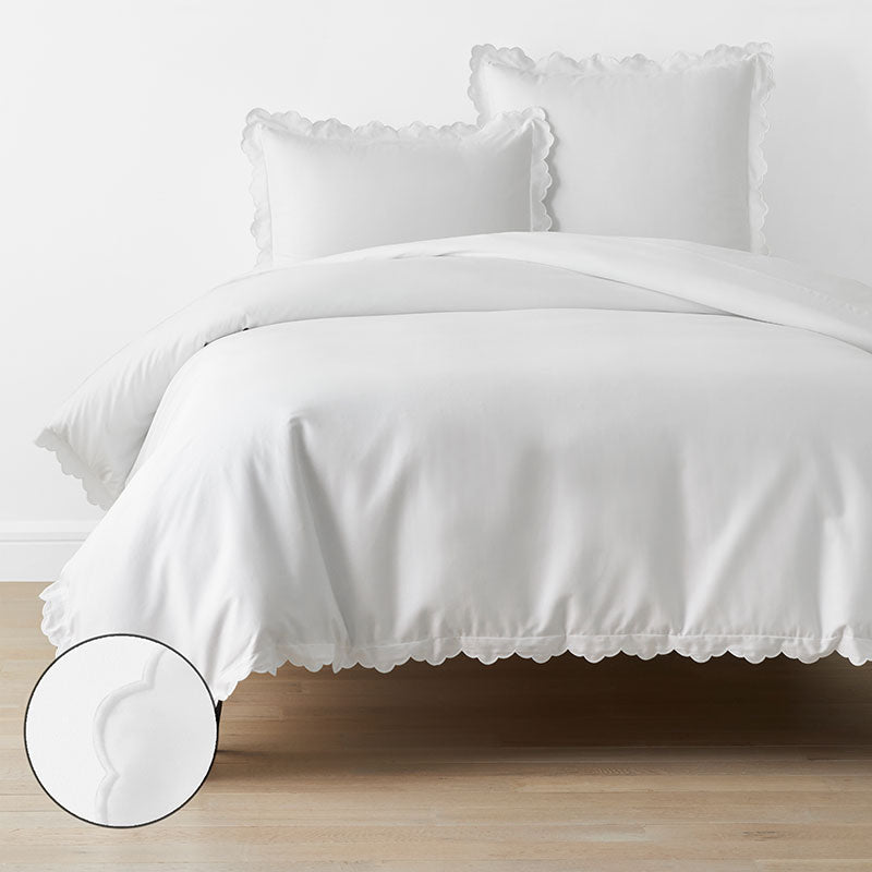 Embroidered Scallop Classic Smooth Sateen Solid Duvet Cover