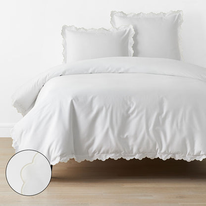 Embroidered Scallop Classic Smooth Sateen Solid Duvet Cover