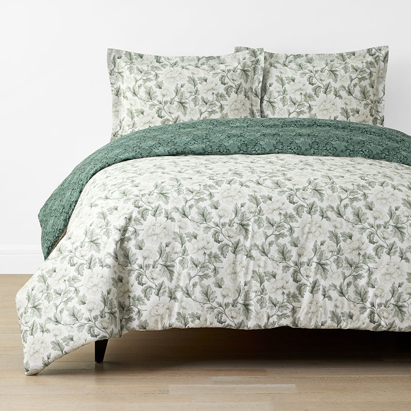 Elegant Floral Garment Washed Cotton Percale Reversible Duvet Cover Set