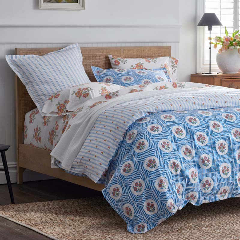 Blossoms and Stripes Classic Cool Cotton Percale Duvet Cover
