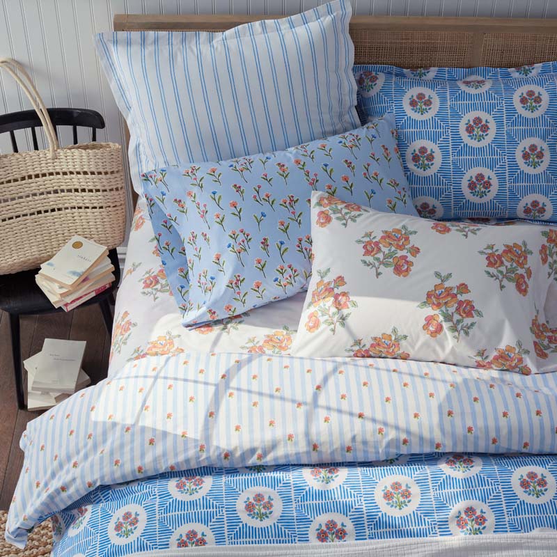 Blossoms and Stripes Classic Cool Cotton Percale Bed Sheet Set