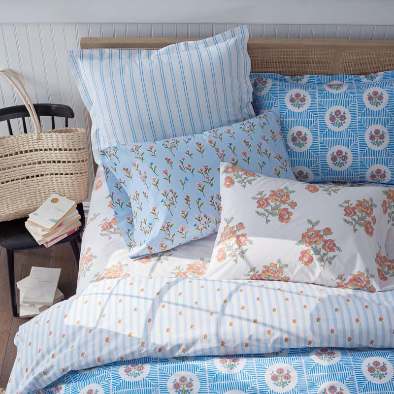 Blossoms and Stripes Classic Cool Cotton Percale Pillowcase Set