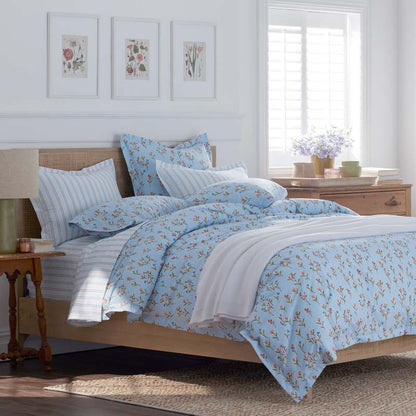 Blossoms and Stripes Classic Cool Cotton Percale Bed Sheet Set
