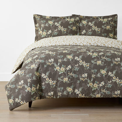 Charming Floral Garment Washed Cotton Percale Reversible Duvet Cover Set