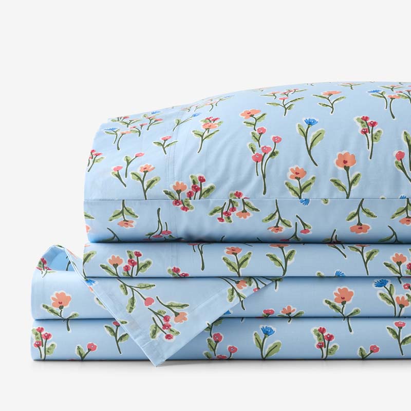 Blossoms and Stripes Classic Cool Cotton Percale Bed Sheet Set