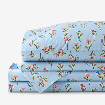 Blossoms and Stripes Classic Cool Cotton Percale Bed Sheet Set
