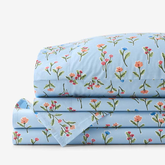 Blossoms and Stripes Classic Cool Cotton Percale Bed Sheet Set