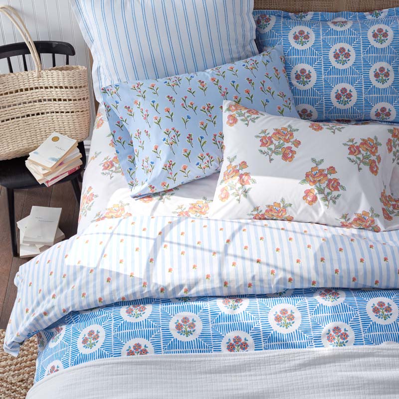 Blossoms and Stripes Classic Cool Cotton Percale Duvet Cover