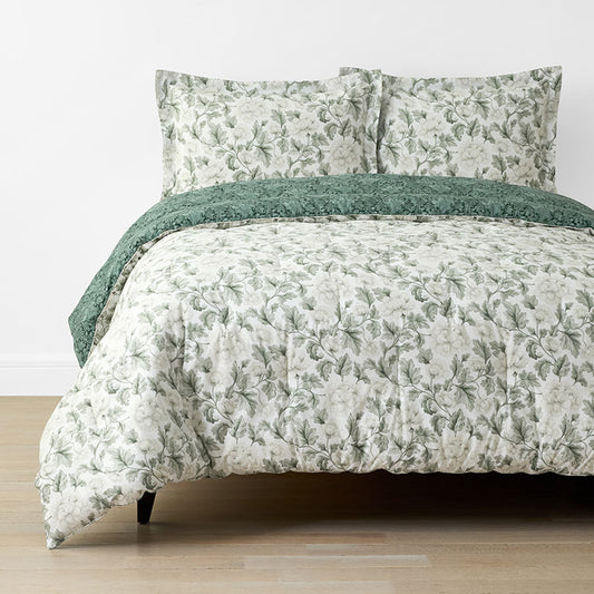 Elegant Floral Garment Washed Cotton Percale Reversible Comforter Set