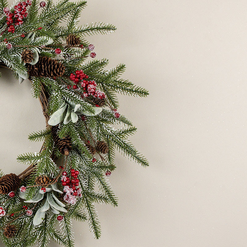 Snowy Pine Lamb's Ear & Red Berry Wreath