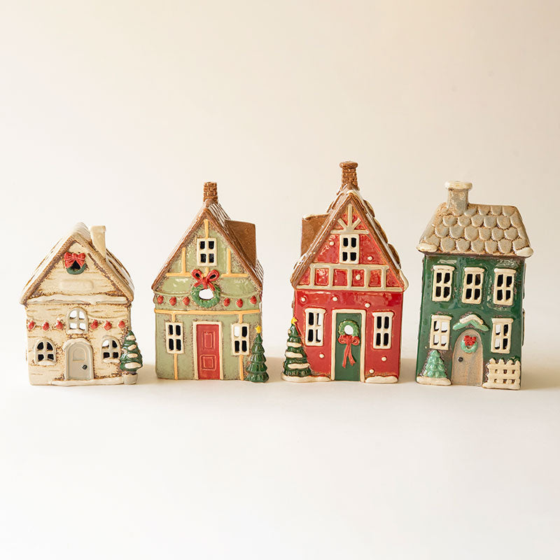 Ceramic Traditional Village Tealight Candle Holders, Set of 4