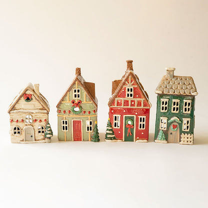 Ceramic Traditional Village Tealight Candle Holders, Set of 4
