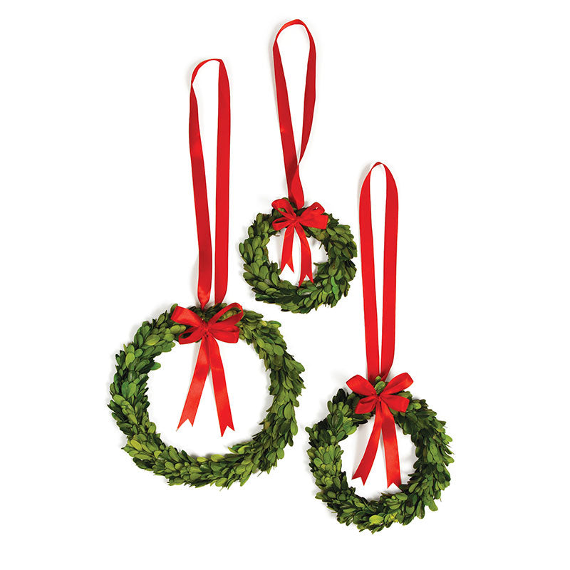 Preserved Boxwood Wreaths with Red Ribbon, Set of 3