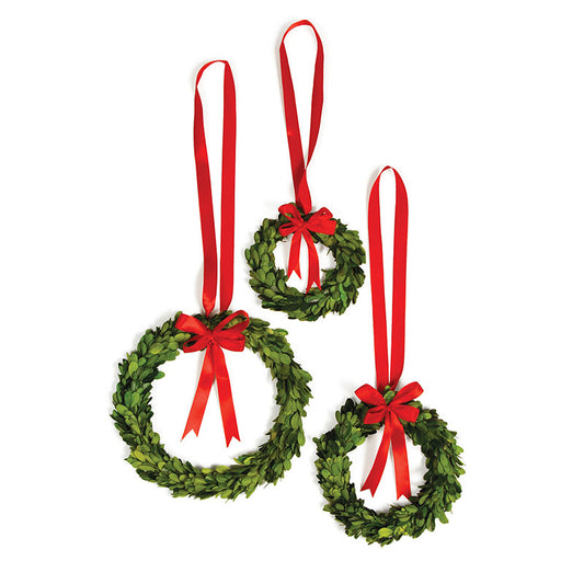 Preserved Boxwood Wreaths with Red Ribbon, Set of 3