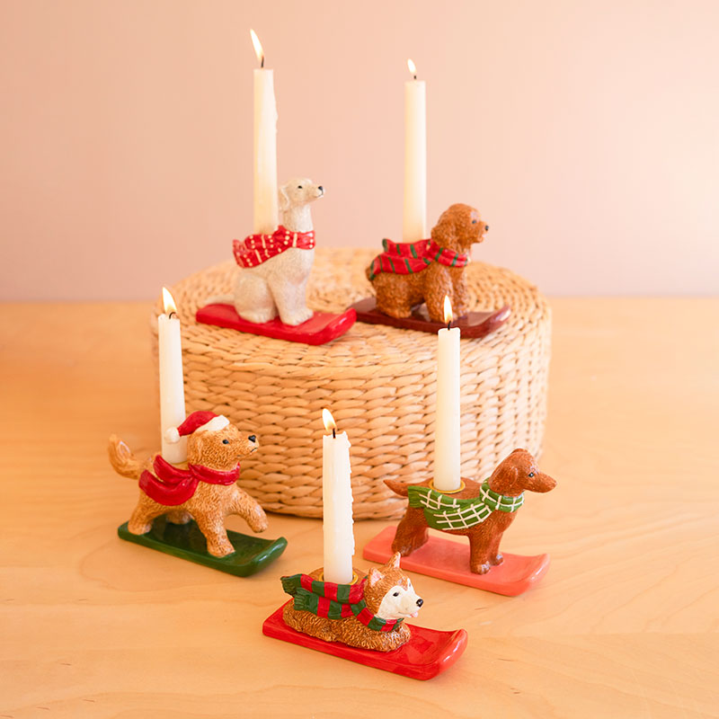Ceramic Winter Dog Taper Candlestick Holders, Set of 5